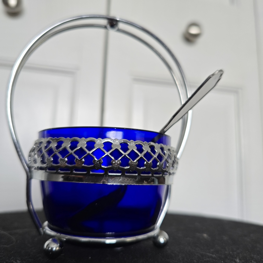 Vintage cobalt blue glass bowl silver basket